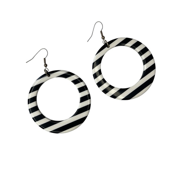 Vintage Jewelry - Vintage art deco hollow circle dangle earrings black and white striped 3" drop